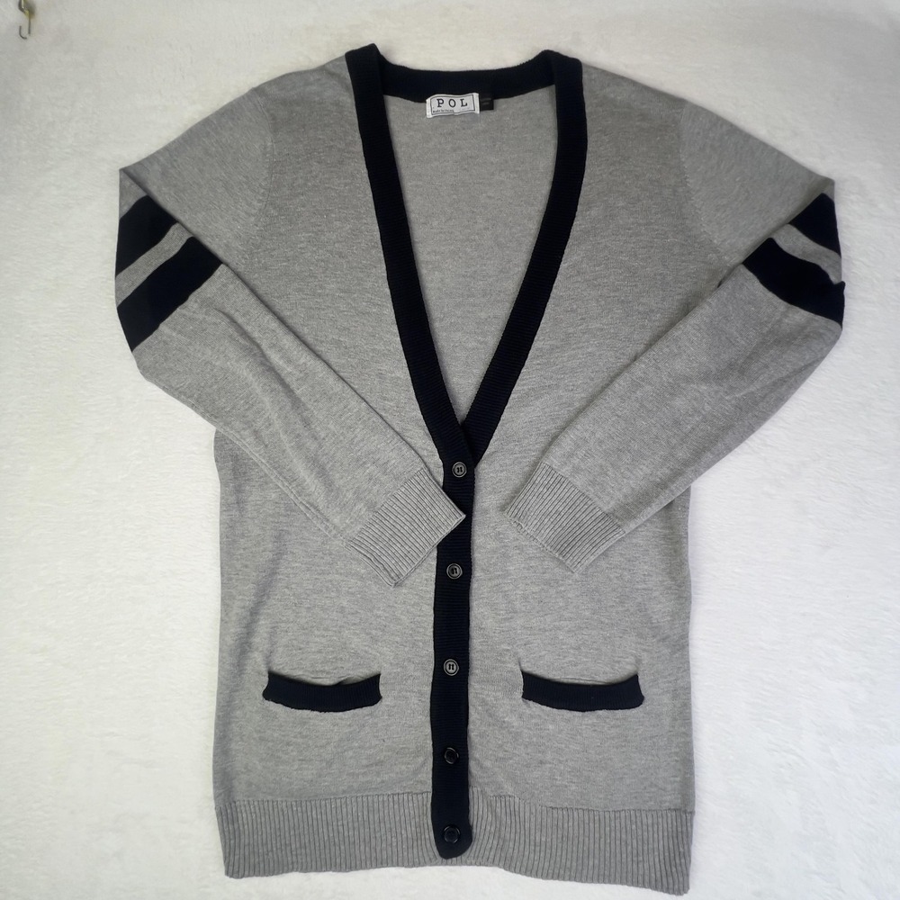 POL Cardigan Sweater Womens L Gray Striped Sleeves Pockets 100% Cotton‎
